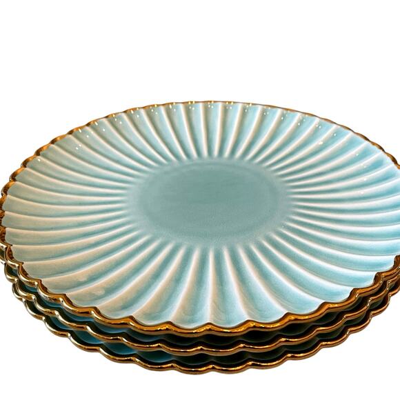 Aqua Ceramic Dinner Plates 11" Turquoise Scalloped Edge Gold Accent Set of 4 New - Picture 15 of 16